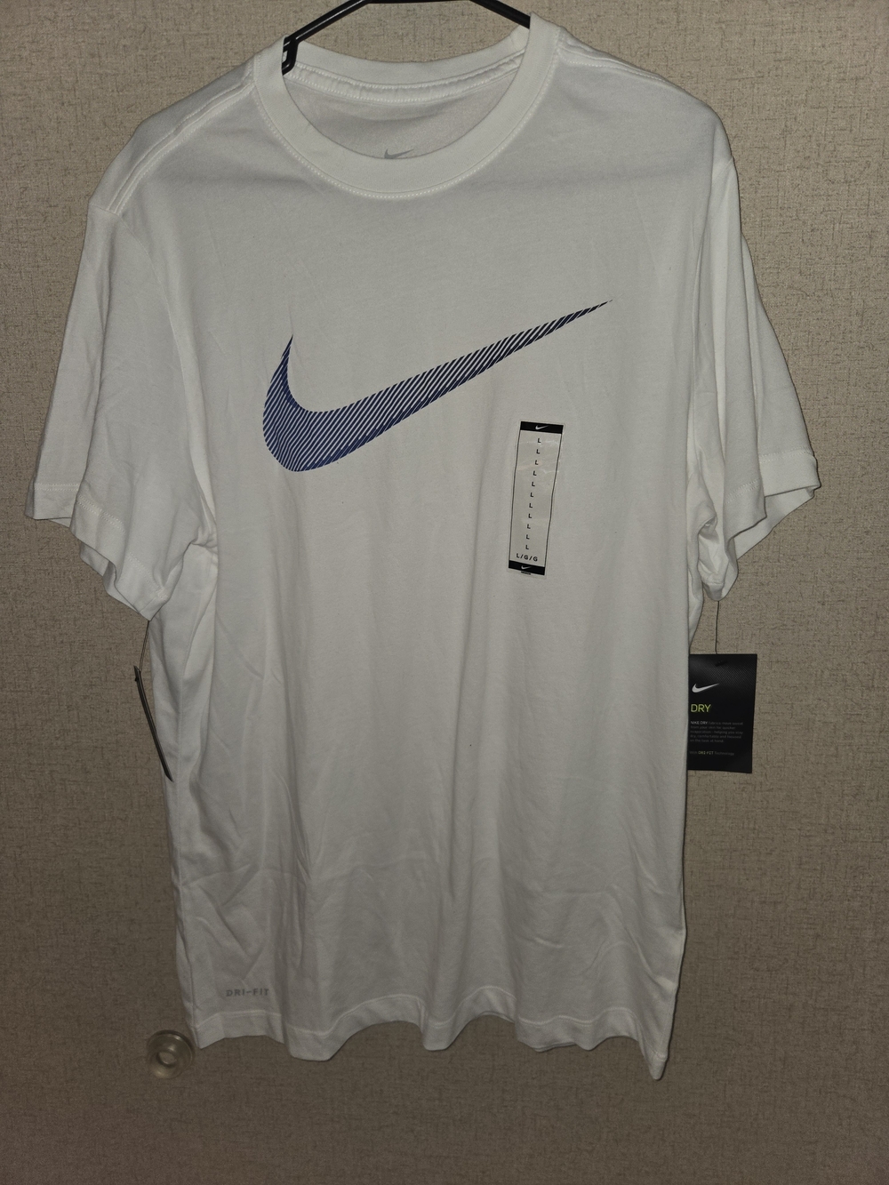 Nike White Short Sleeve Dri-FIT Tee with Blue Striped Swoosh